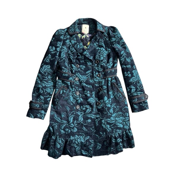 Elevenses Teal Emerald Isle Brocade Ruffled Victorian Puff Sleeve Coat Sz 2 - Picture 15 of 16